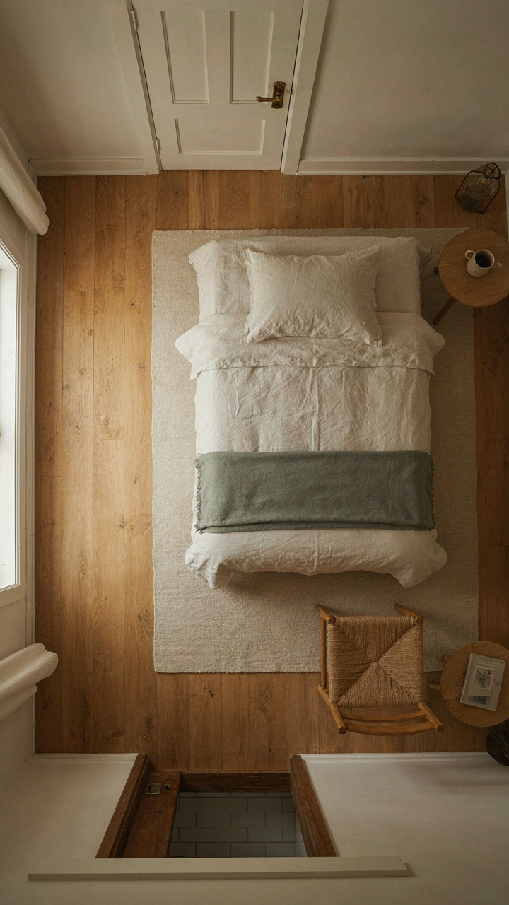 An overhead view showing a clear and intuitive path in a cottage guest bedroom.