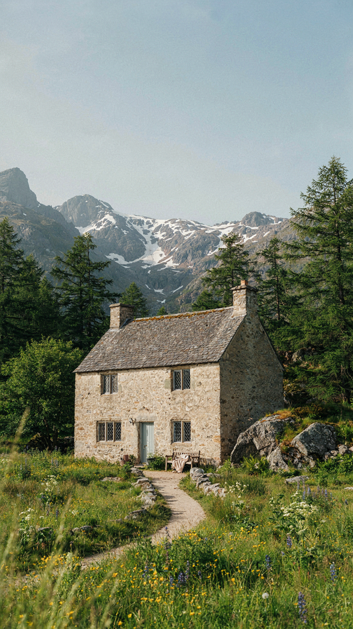 A limestone European cottage with a steep slate roof in a rocky mountain setting.