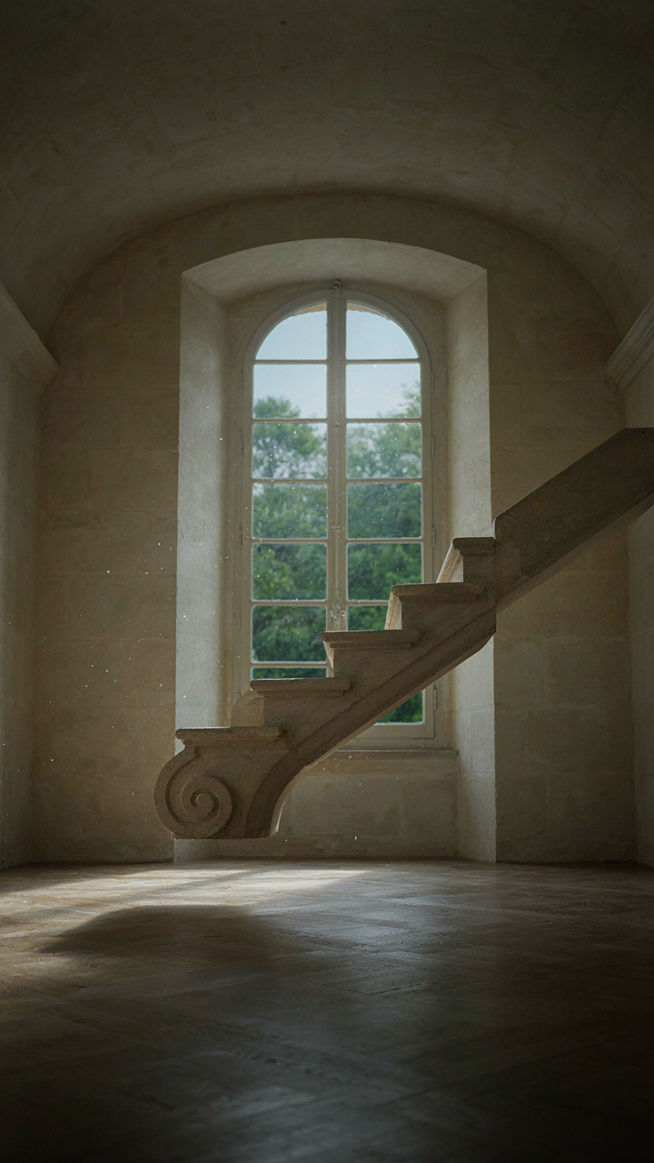 A stone chateau staircase tread appears to float with hidden support.