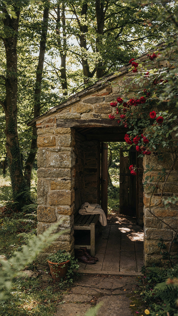 A cottage porch features rough-hewn stone pillars and weathered wood, blending with nature.
