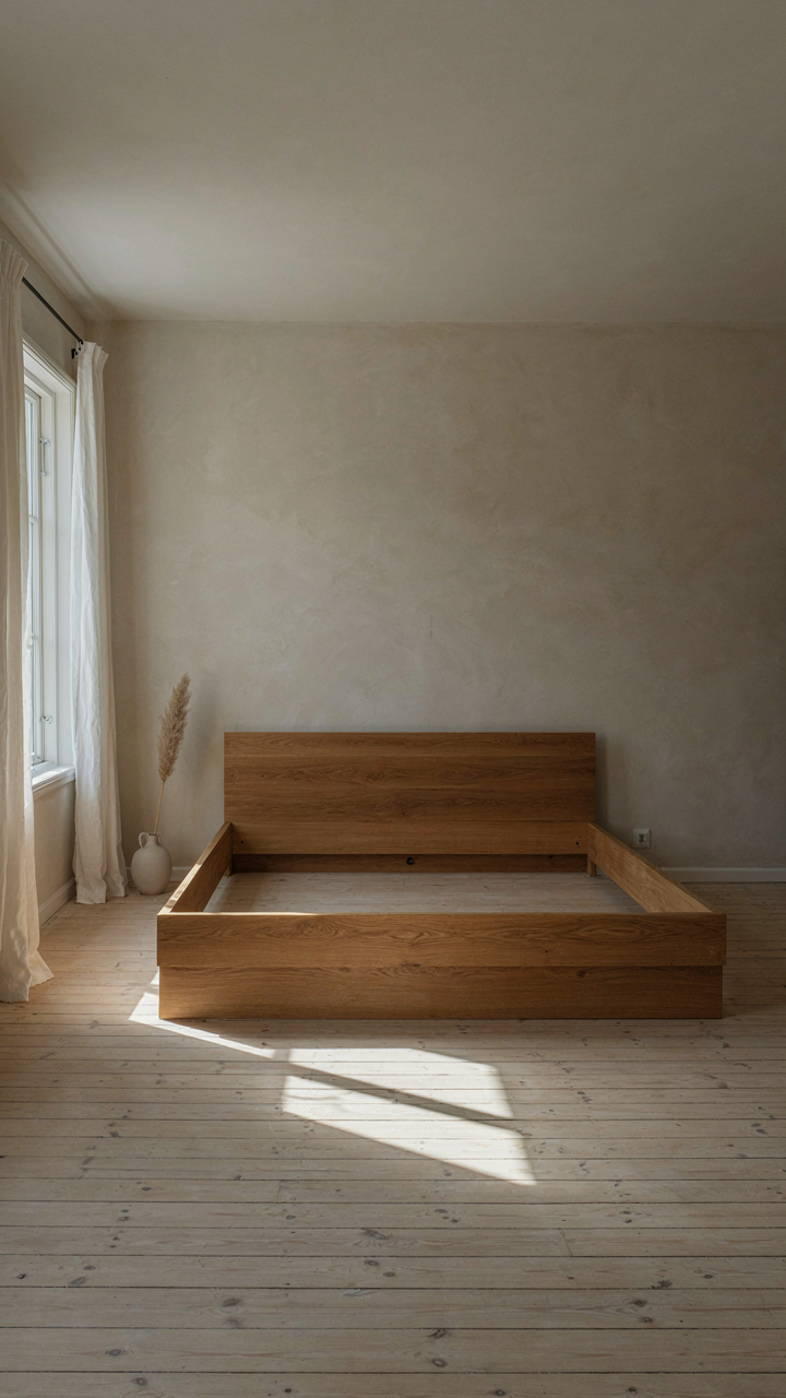 An empty scandinavian cottage bedroom with a simple bed frame and bright sunlight.