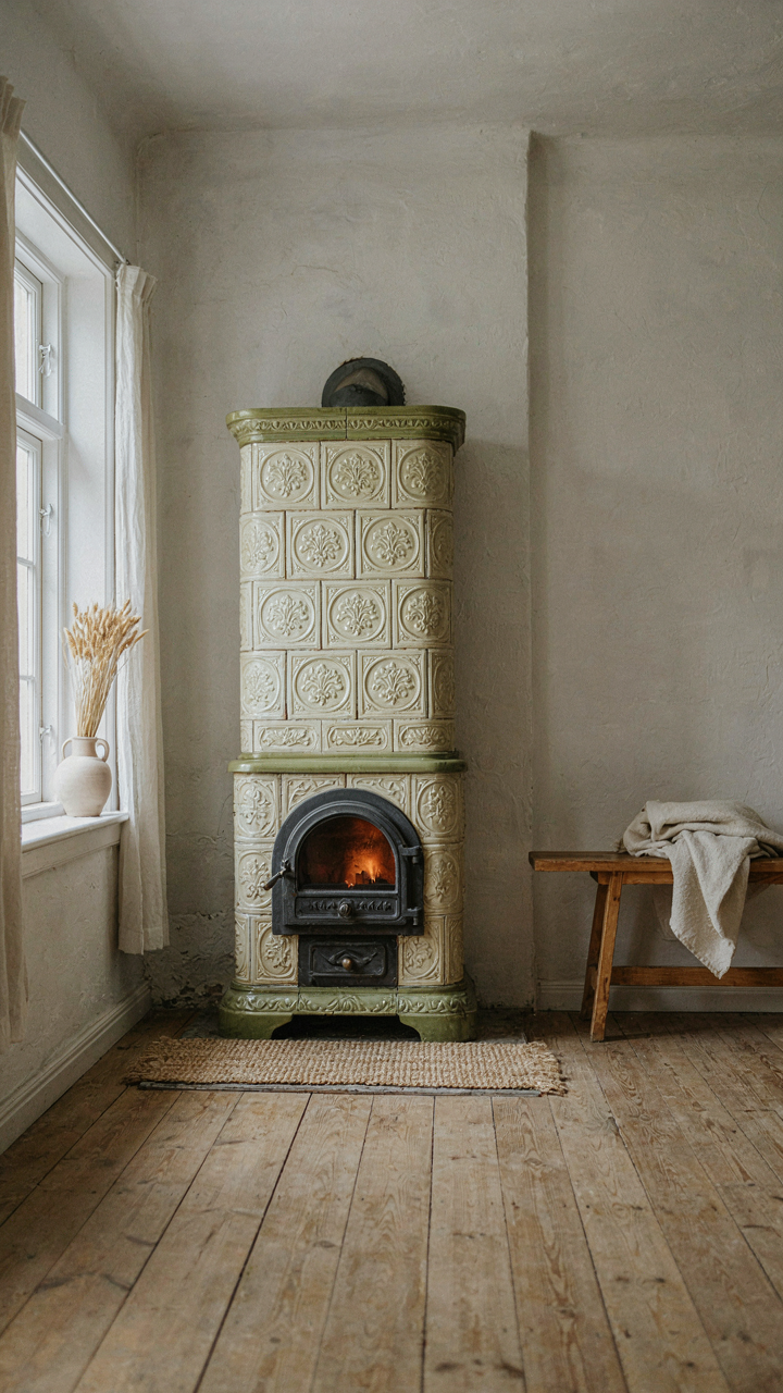 Large, central tiled stove in a bright, pale painted farmhouse room.