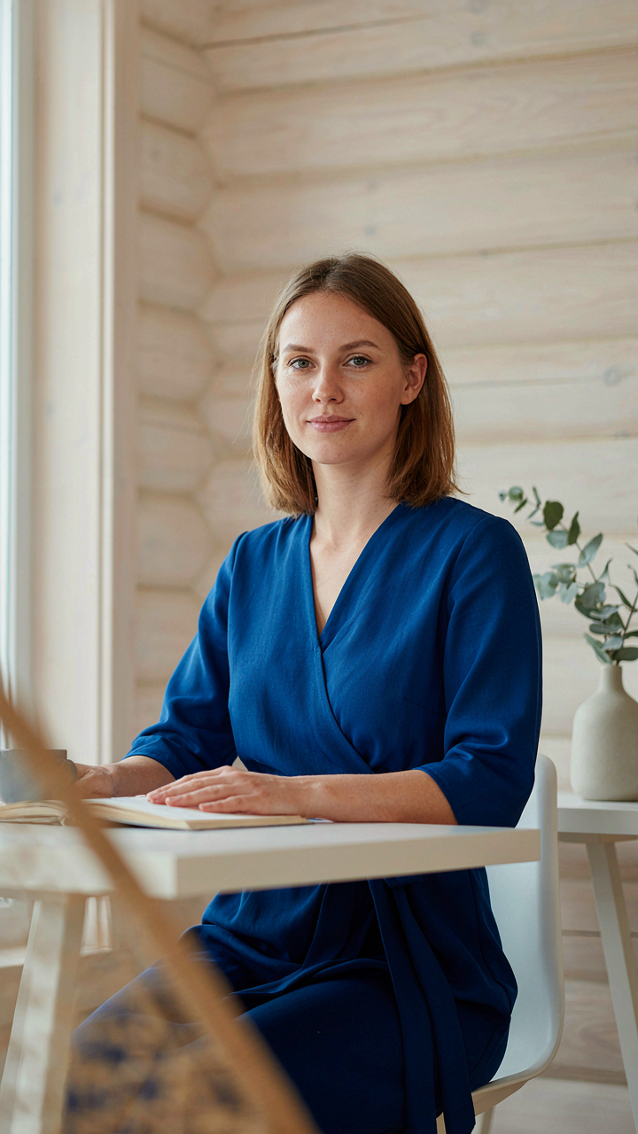 Woman in cobalt blue dress at a white desk in a scandinavian log cabin.