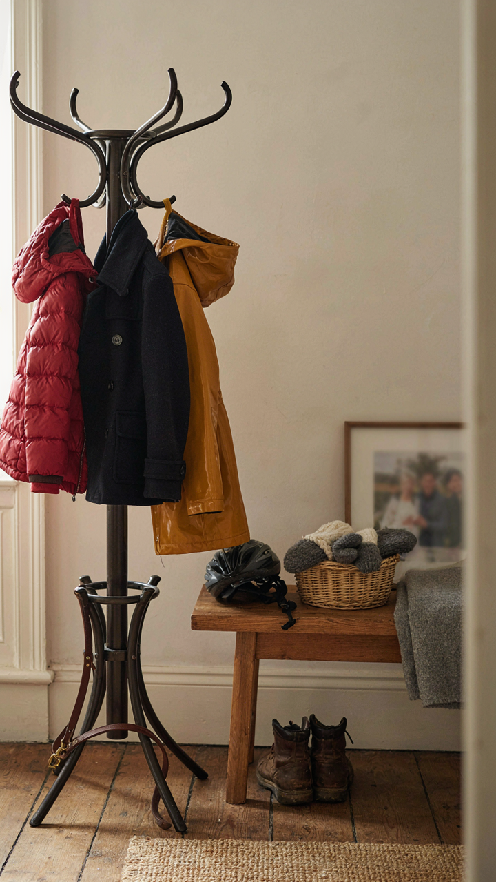 A wrought iron coat rack holds family coats, a dog leash, and a helmet near a bench.