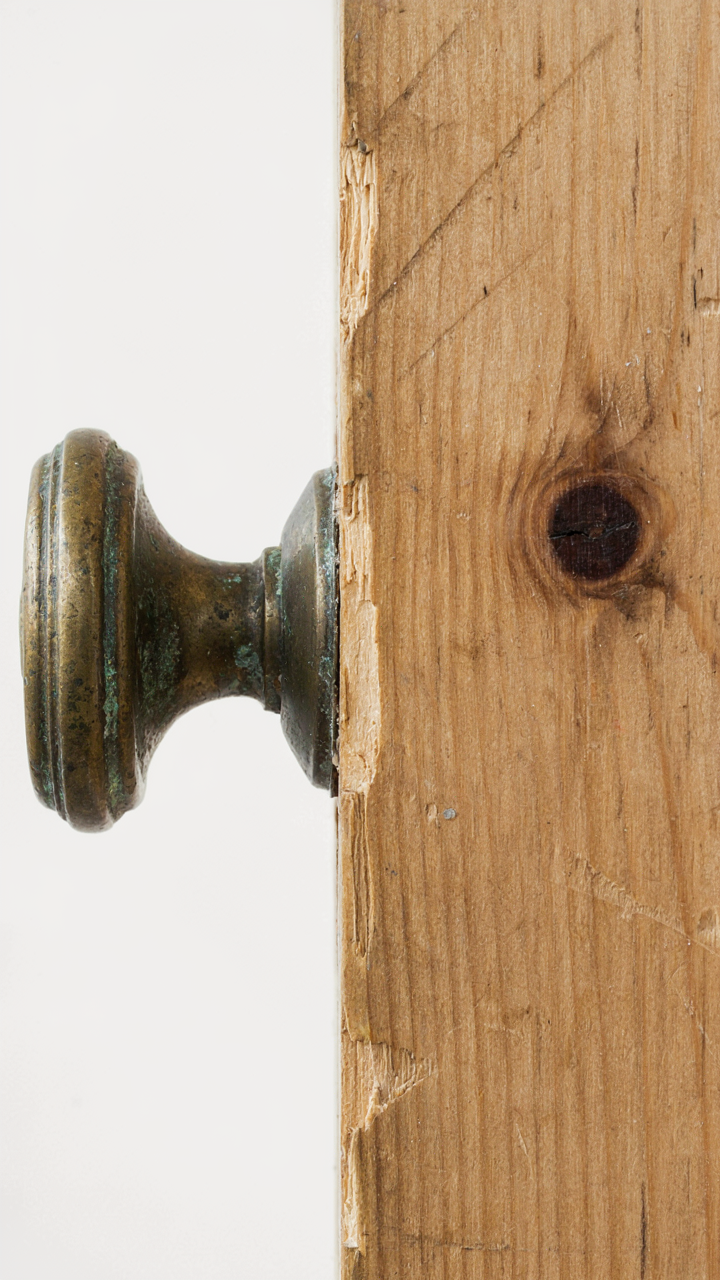 An old brass doorknob with natural patina beside distressed wood paneling.