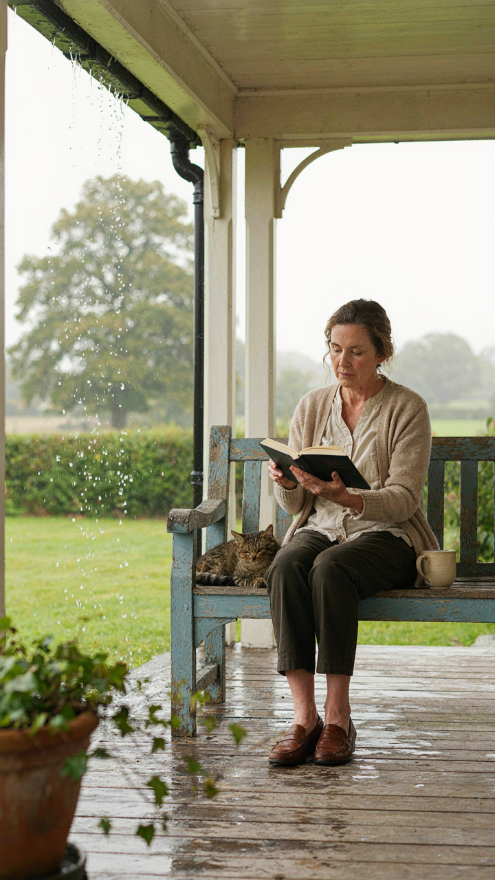 A person reads on a dry cottage porch during rain, thanks to a deep overhang.