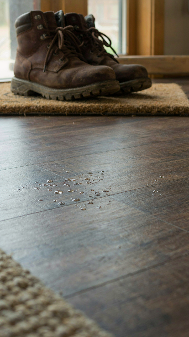 Durable vinyl plank flooring in a cabin with muddy boots and water droplets.