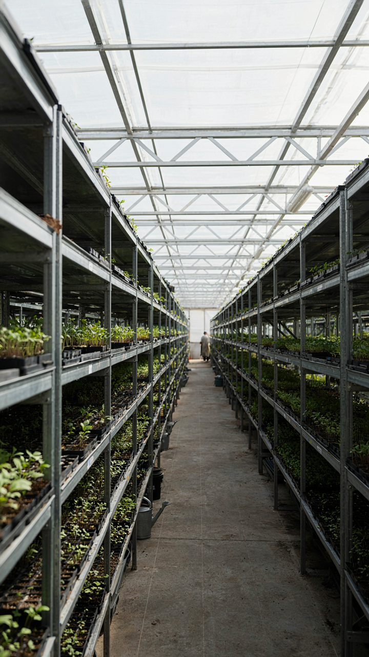 Inside a large commercial greenhouse with many seedlings on metal shelves.