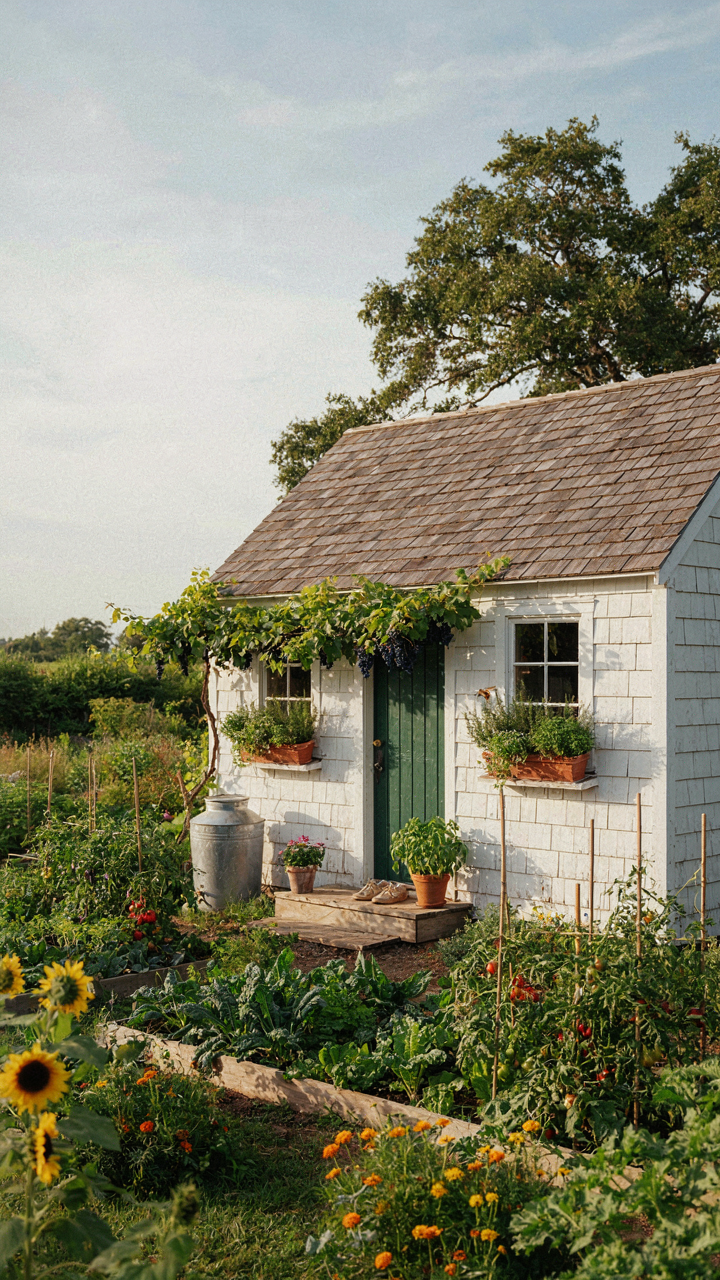A tiny cottage with a porch, edible plants, and a rain barrel.