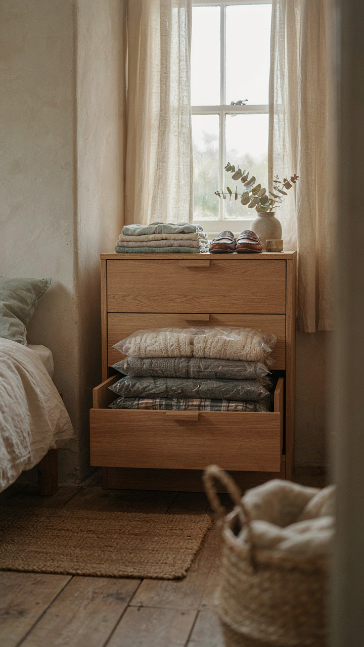 A built-in dresser with open drawer showing neatly folded clothes in a tiny cottage bedroom.