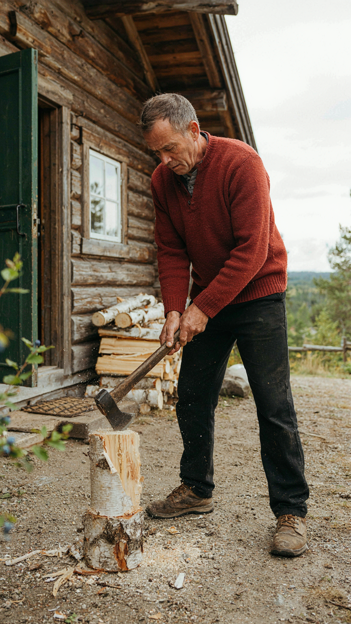 A person splitting logs with an axe outside a rustic Norwegian cabin.