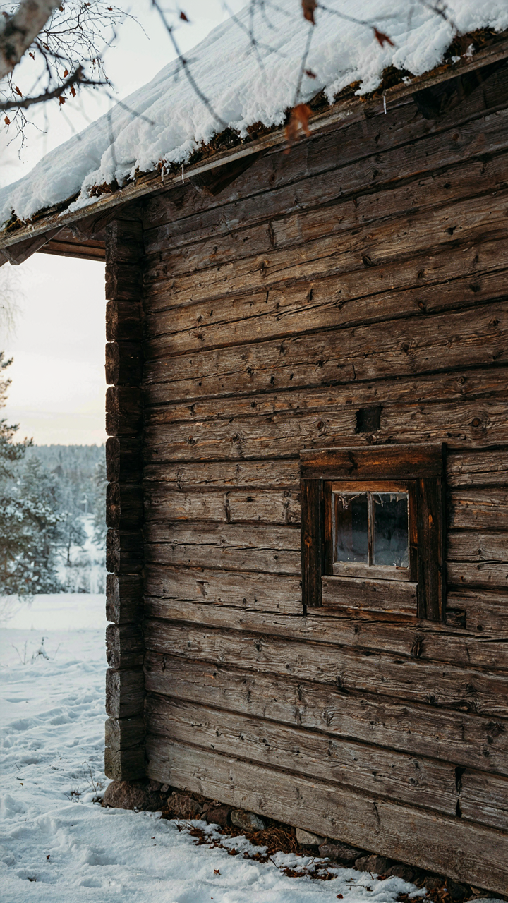 A thick timber wall with a deep roof overhang of a traditional swedish cottage in snow.