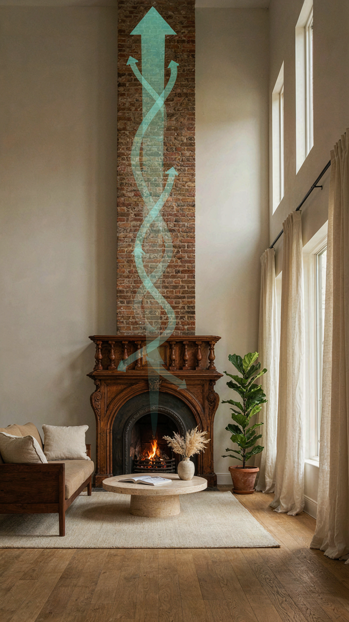 A diagram shows conditioned air leaving a modern home through a Victorian fireplace flue.