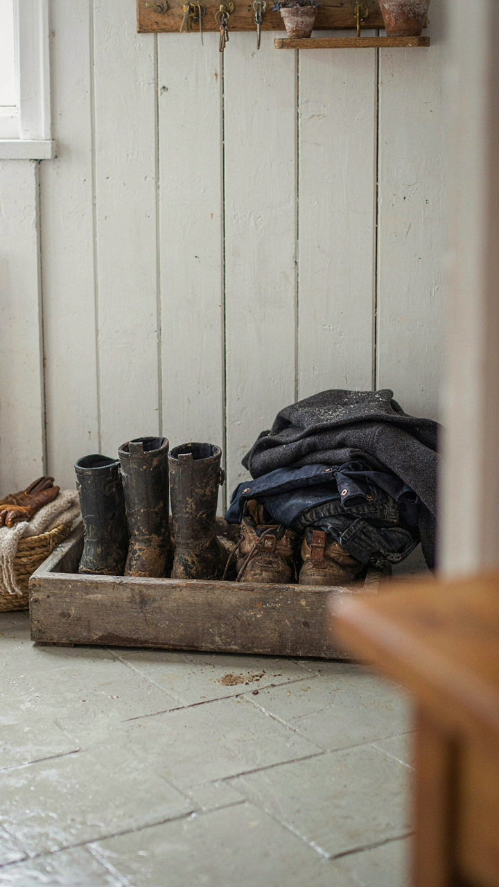 Muddy boots and wet outerwear in a boot tray on a tile floor.