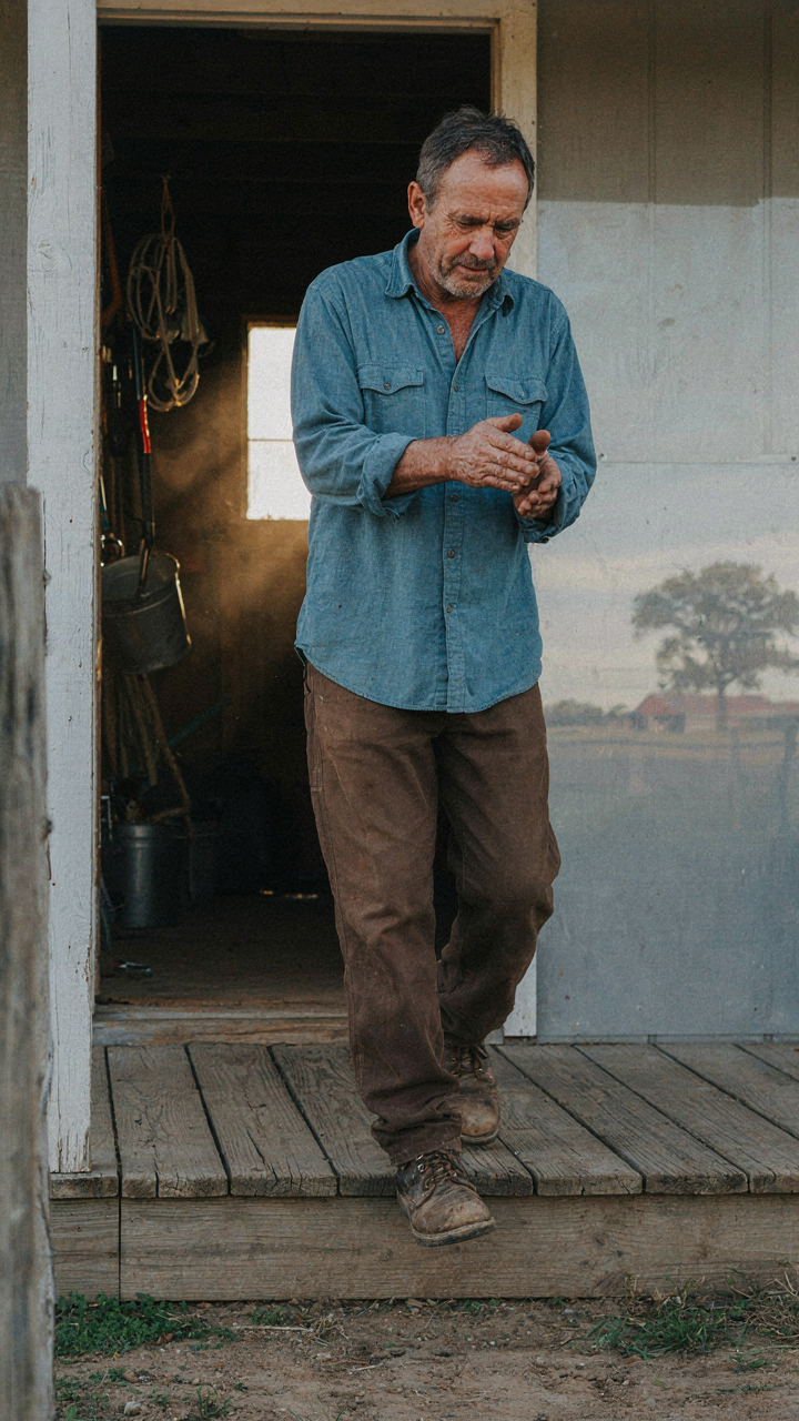 A farmer wipes dirt from their hands before stepping onto a simple wraparound porch.