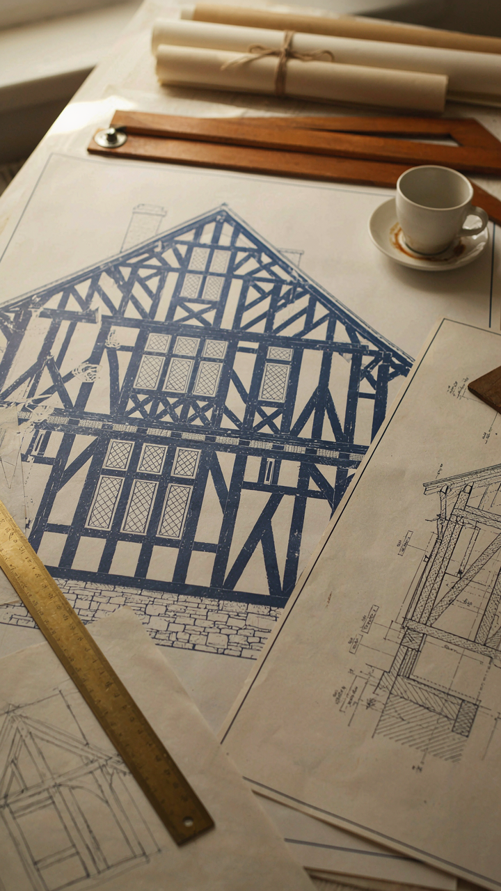 Detailed architectural blueprints for a half-timbered house laid out on a drafting table.