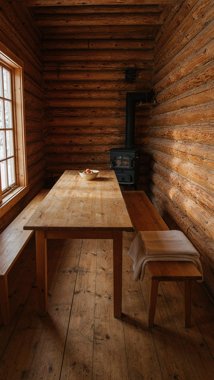 A simple interior of a Finnish log cabin with a wooden table and bench.