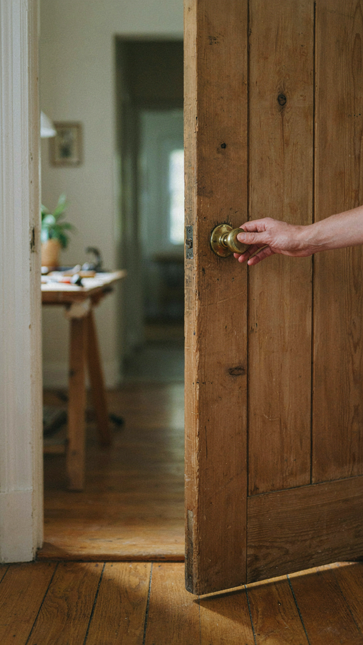A hand closes a rustic wooden door to a quiet room.