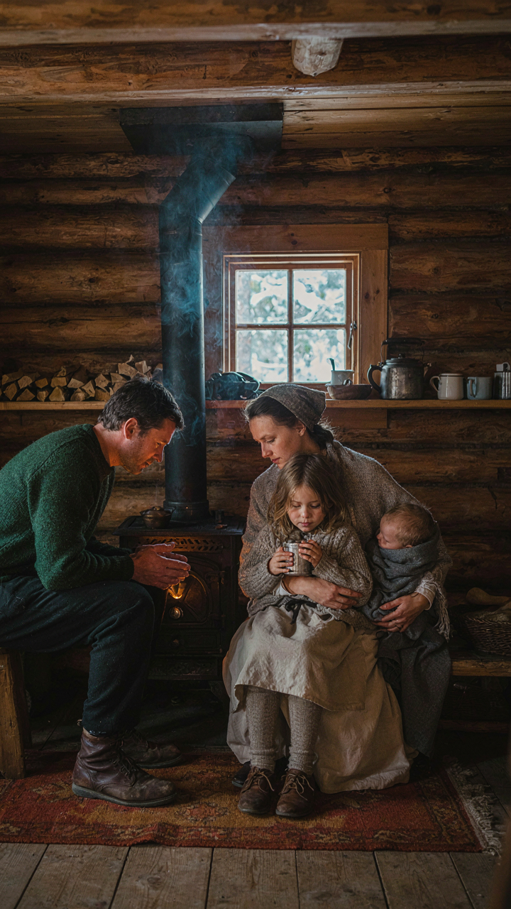 A family gathers around a wood stove in a small, old Nordic home.
