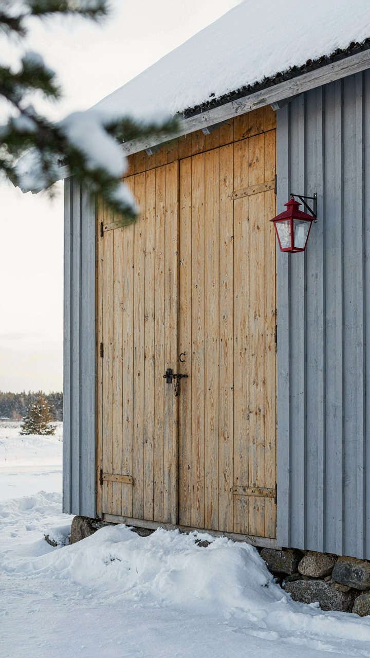 A sturdy wooden barn door on a snowy scandinavian farmhouse.