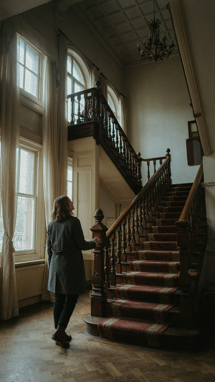 A person standing at the bottom of a wide, tall Victorian staircase, emphasizing its scale.