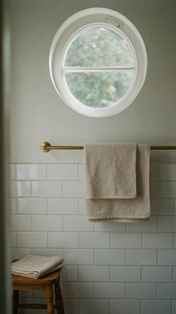 Horizontal subway tiles are laid at waist height in a small bathroom.