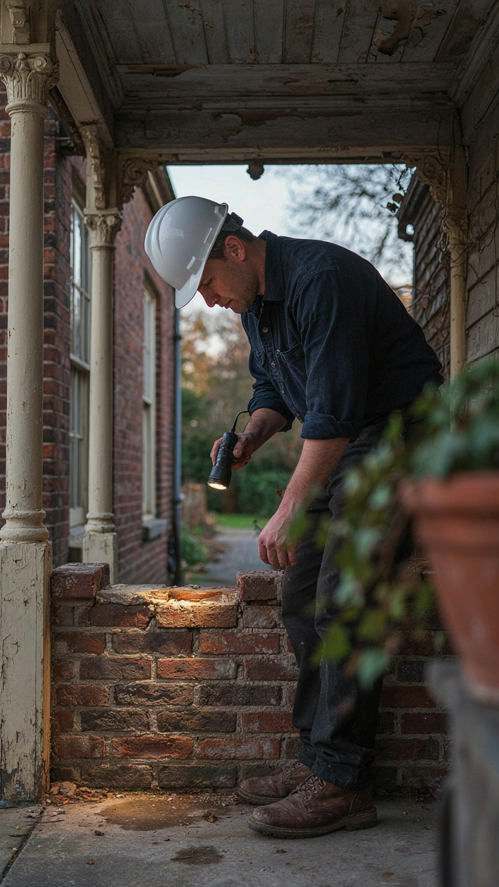 An engineer inspects a cracked masonry foundation under a victorian porch.
