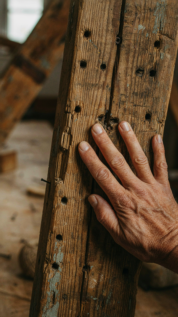 A hand gently touches a reclaimed wood beam with visible nail holes and rough texture.