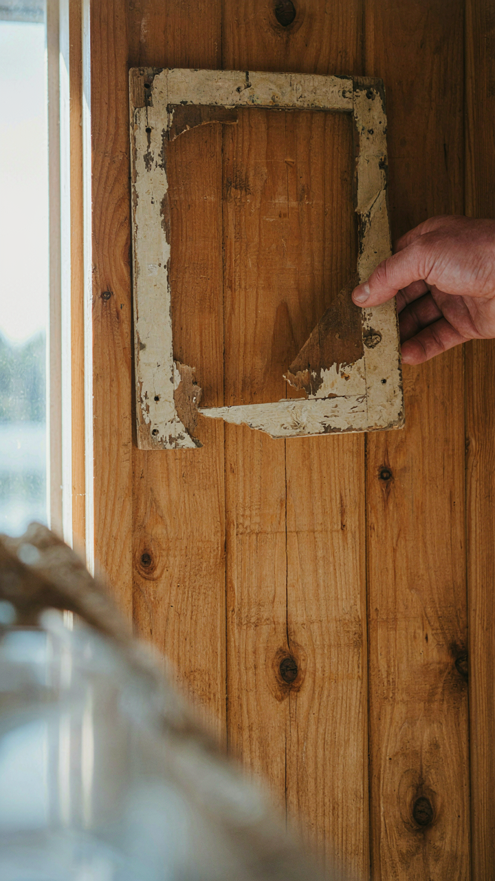 A hand removes a generic rustic sign from a wooden cabin wall.