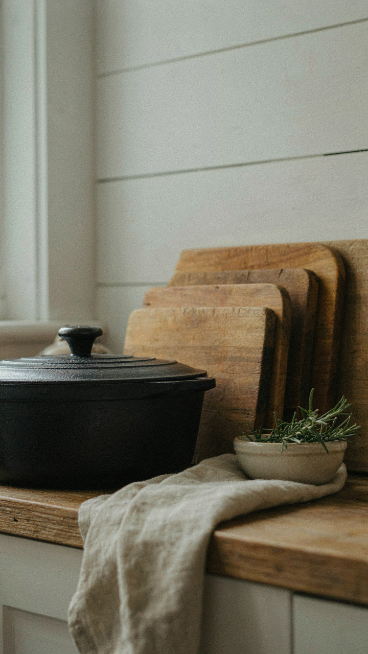 A cast iron pot on a shelf with wooden cutting boards.