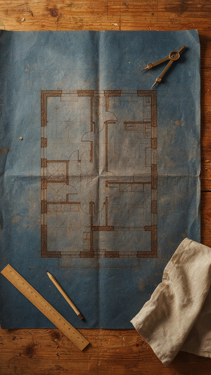 An old blueprint showing a simple, functional craftsman cottage floor plan.
