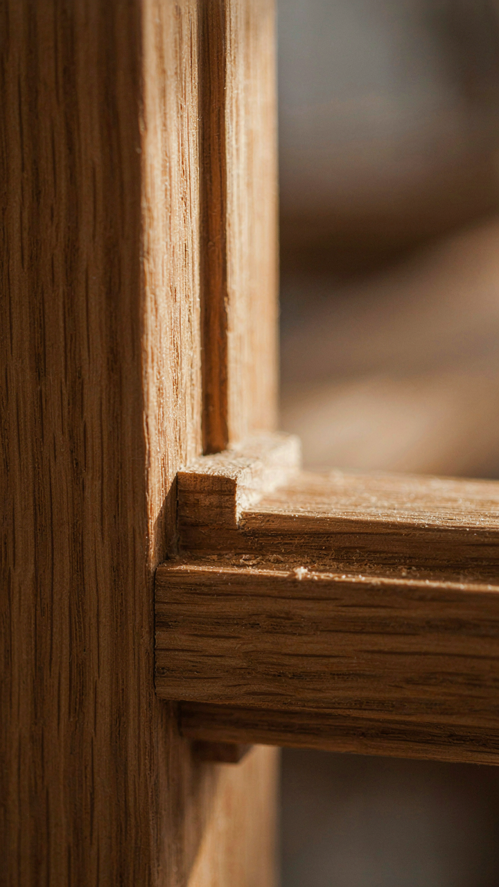 A close-up of a mortise and tenon joint on a wood craftsman door.