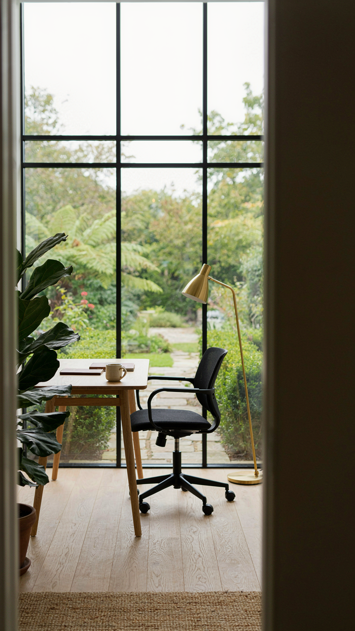 A minimalist she shed office with a chair and desk.