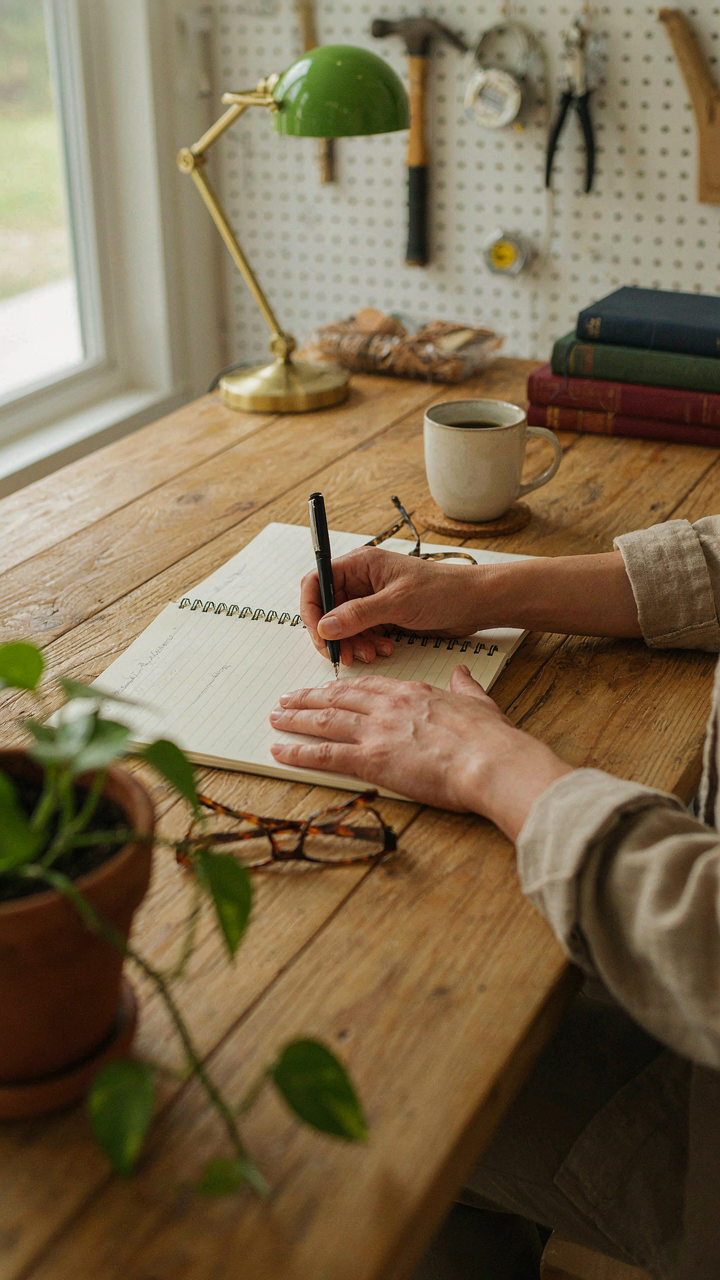 Hands write a single sentence on a notepad in a clean, functional she shed.