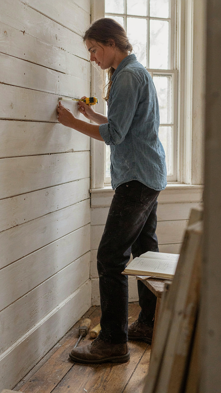 A person carefully measures existing farmhouse shiplap walls in an old home.