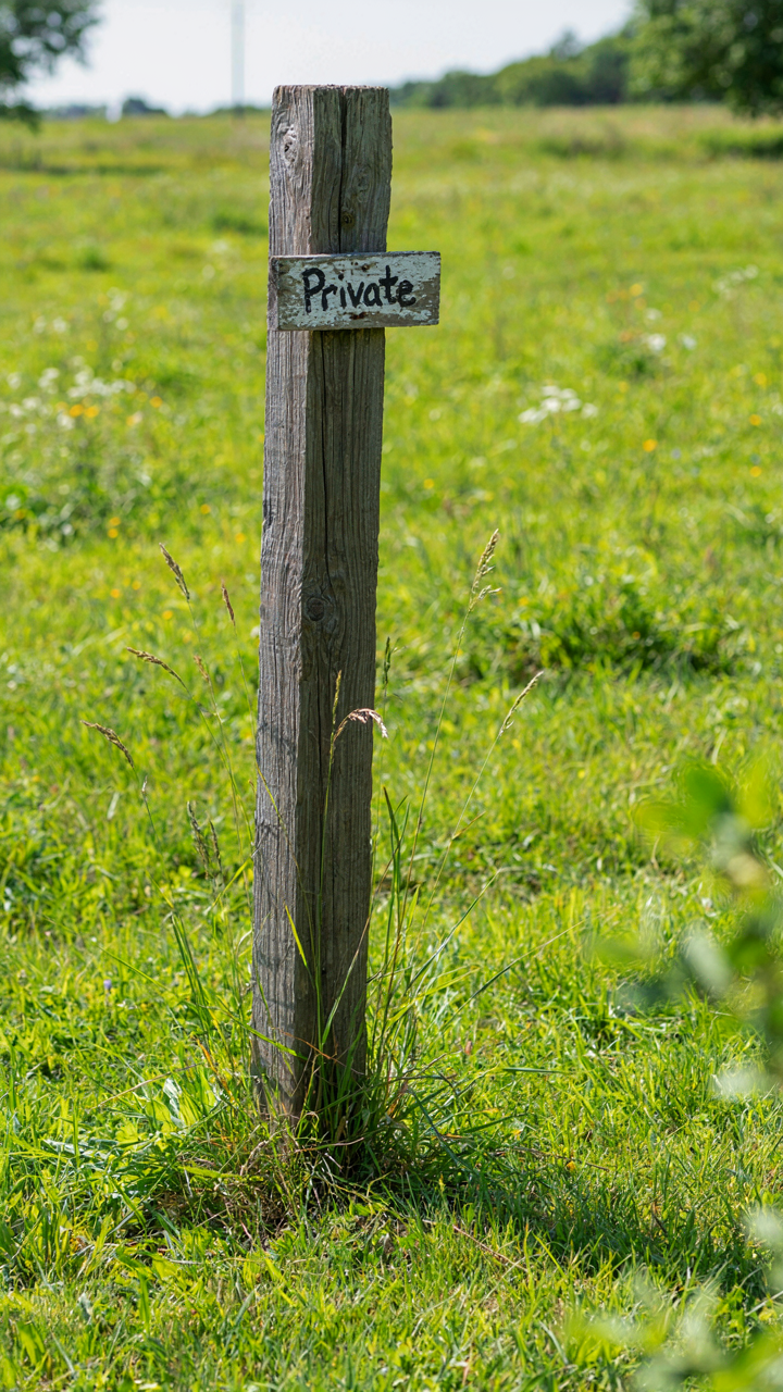 A 'Private' sign on a wooden fence post in a green field.