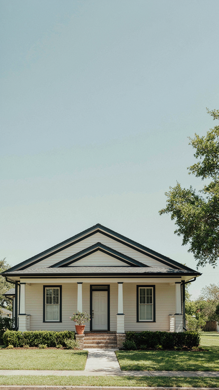 A small bungalow with light siding and dark trim accentuates horizontal lines.