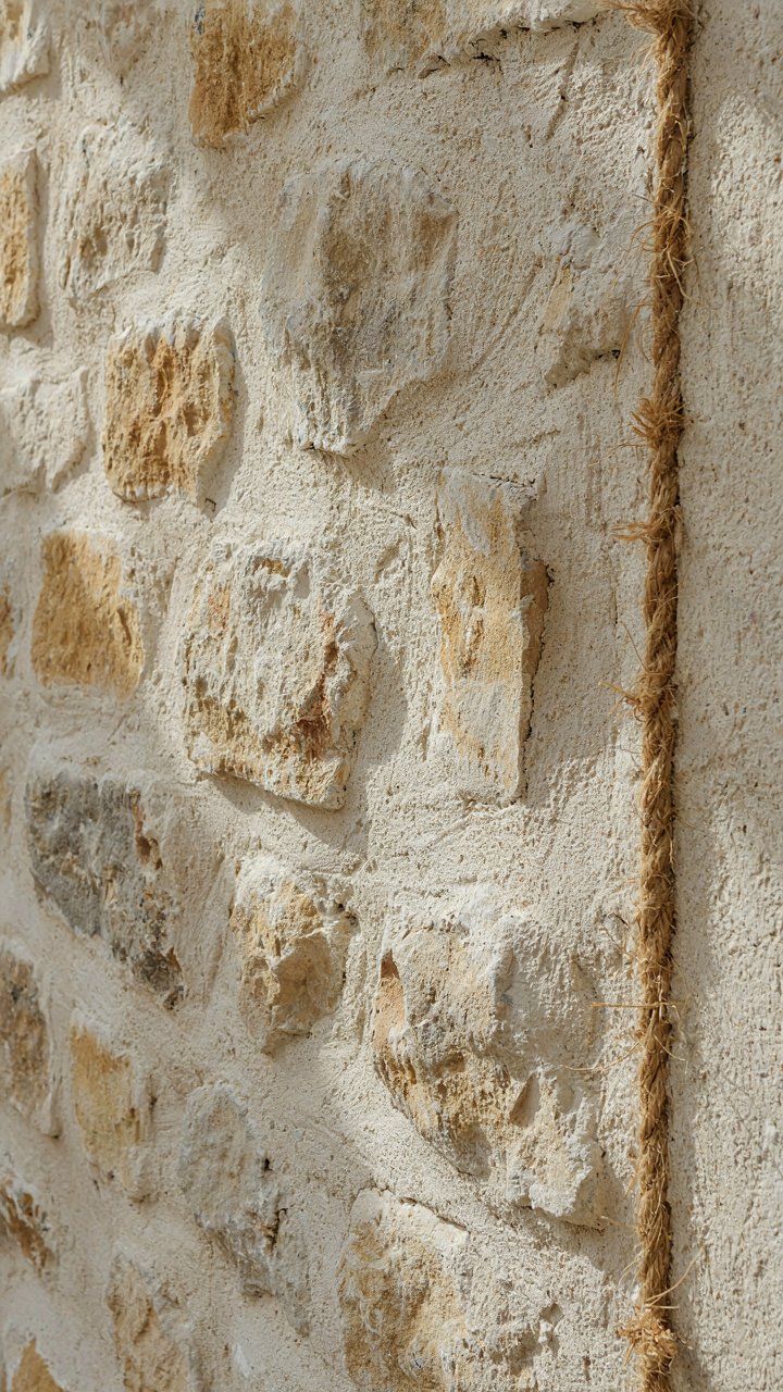 A detailed view of a wall with stone, plaster, and raw jute fiber.