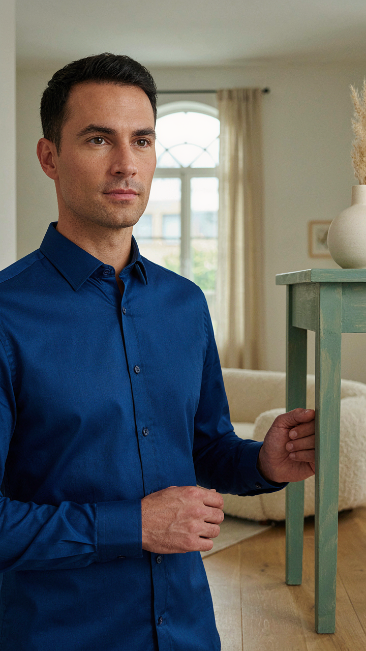 A man in a blue shirt thoughtfully examines a painted wooden furniture piece.