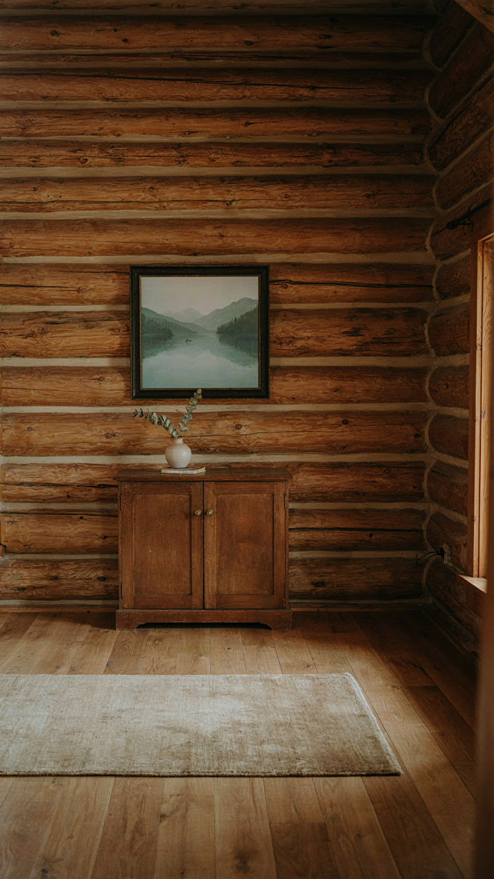A minimalist log cabin bedroom wall with one framed picture and a closed cabinet.