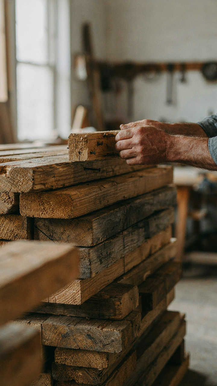 A craftsman selecting a reclaimed oak beam from a stack of aged wood.