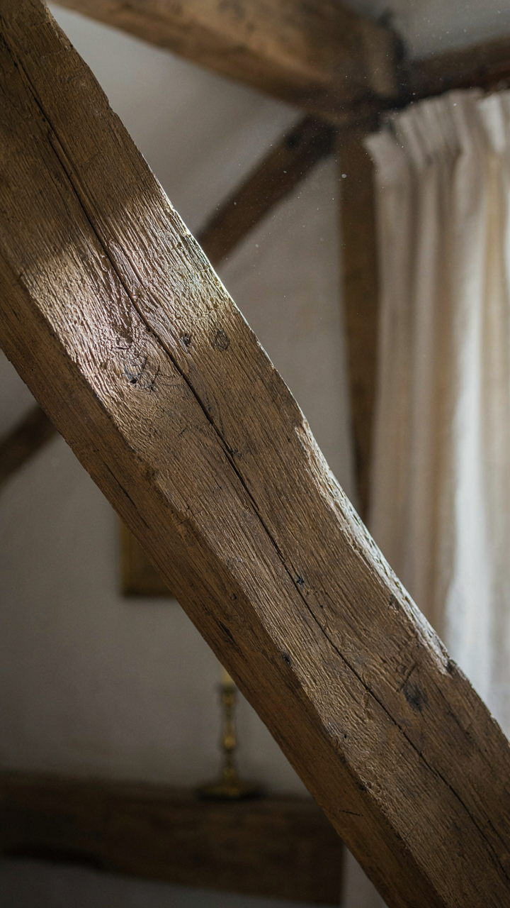 A close-up of an old, hand-planed wooden beam with deep patina.