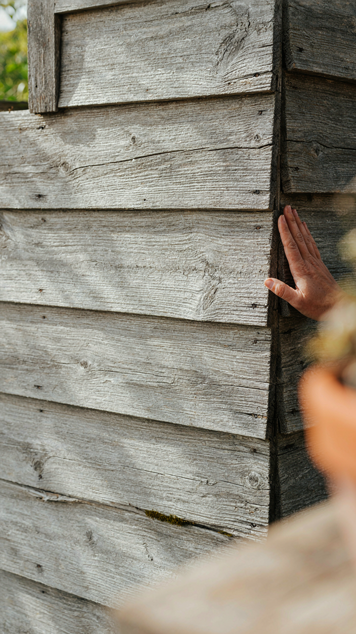 A hand touches naturally aged cedar wood siding on a rustic garden shed.