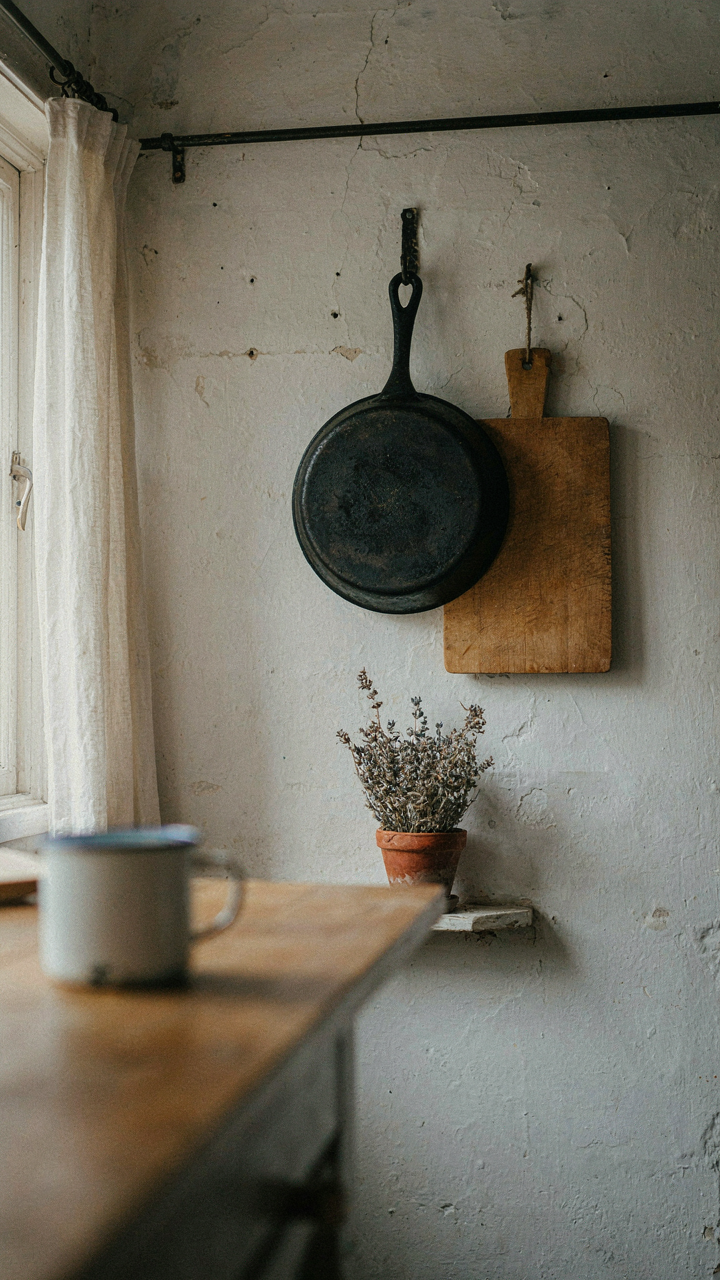 A cast iron pan hangs on a kitchen wall, functional decor in a small farmhouse.