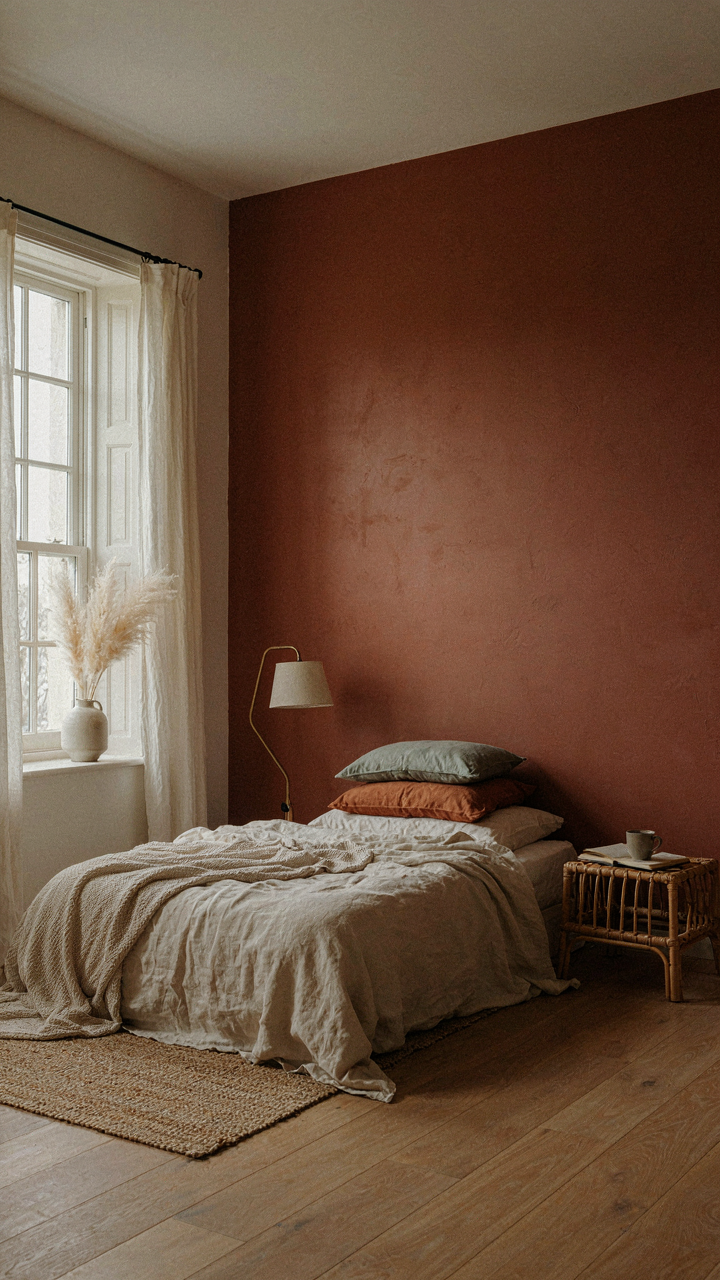 A farmhouse bedroom with one terracotta accent wall providing visual depth.