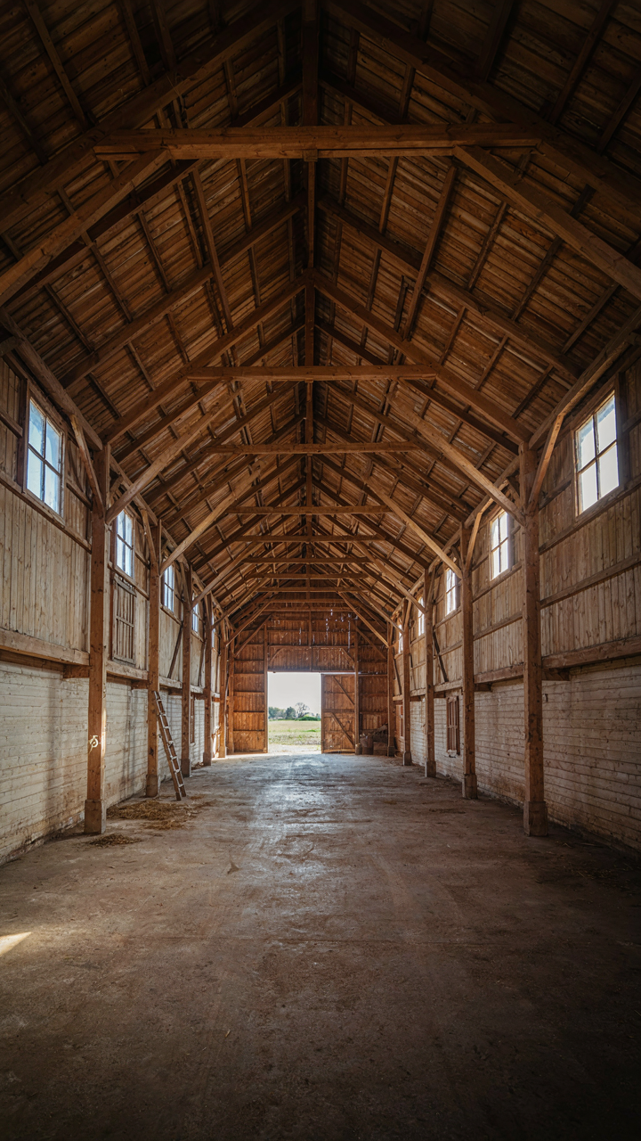 The vast, open interior of a simple gabled barn with exposed trusses.