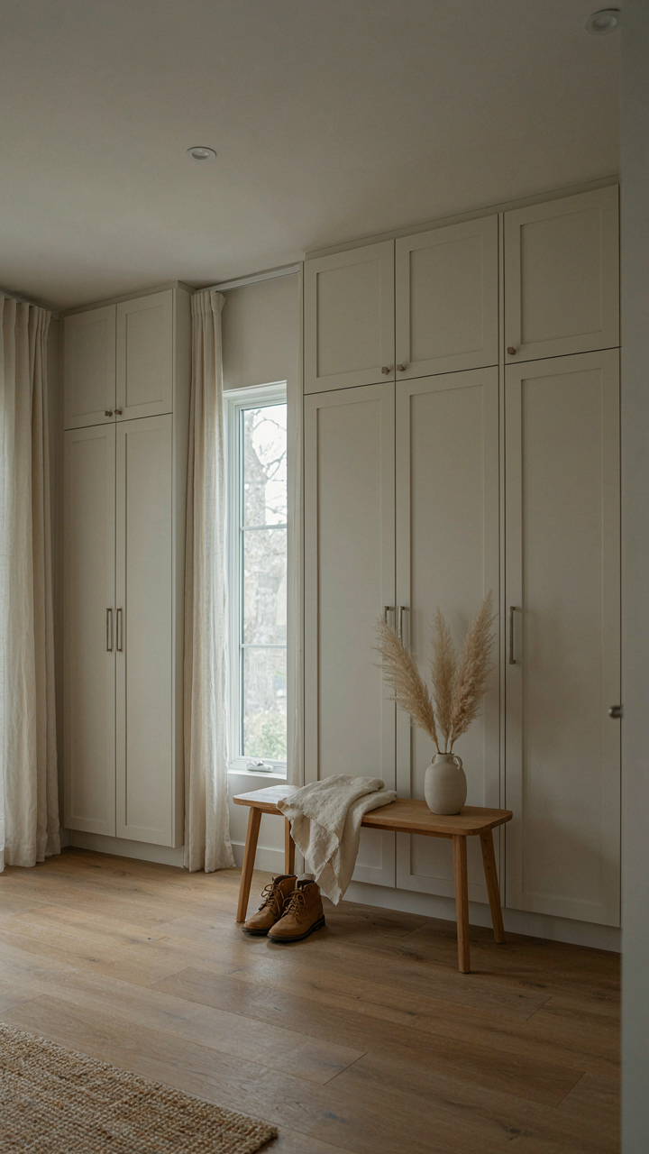 A calm farmhouse mudroom with closed cabinets and a simple bench.