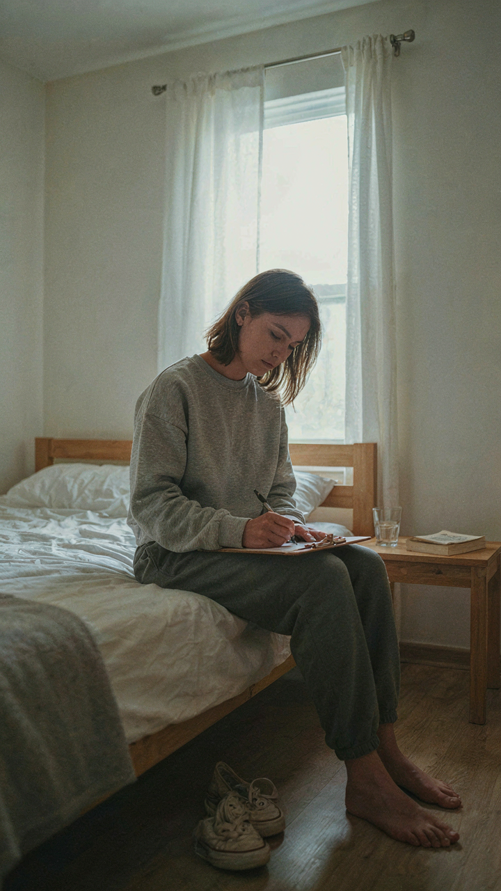A person writes down daily routines in a small, empty room with natural light.