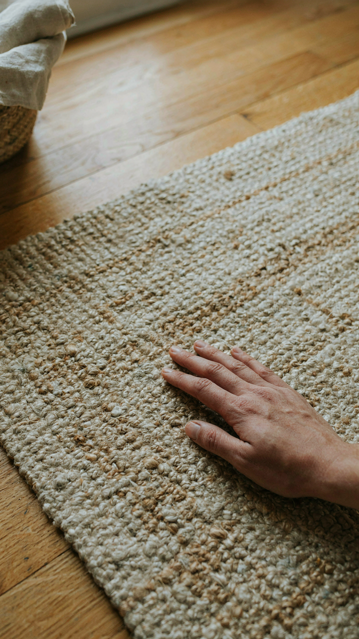 A hand gently touching the rough surface of a hand-woven natural fiber rug.