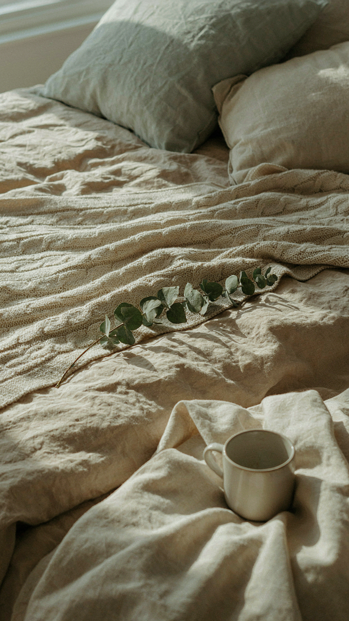 A close up view of a bed showing different layered textiles like linen, wool, and cotton.